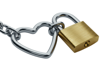 Polished silver heart link, cool blue reflections, golden brass padlock snapping shut, dramatic volumetric light on gray. Concept of secure, lasting strength