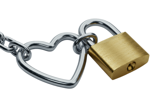 Polished silver heart link, cool blue reflections, golden brass padlock snapping shut, dramatic volumetric light on gray. Concept of secure, lasting strength