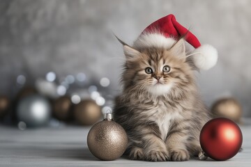 Fluffy adorable kitten wearing Santa Christmas hat