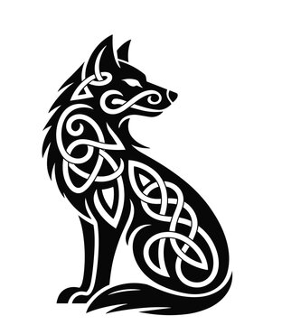 Celtic Knot-Patterned Wolf Illustration in Black and White
