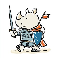 Fototapeta premium A whimsical rhinoceros knight, adorned in armor, marches forward, ready for adventure.