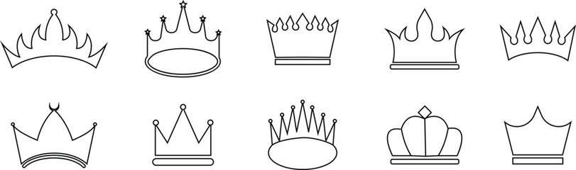 Crown icon set with black and outline royal crowns, luxury monarchy and queen king symbols, vector illustration collection for logo, fashion, jewelry, award and premium design template
