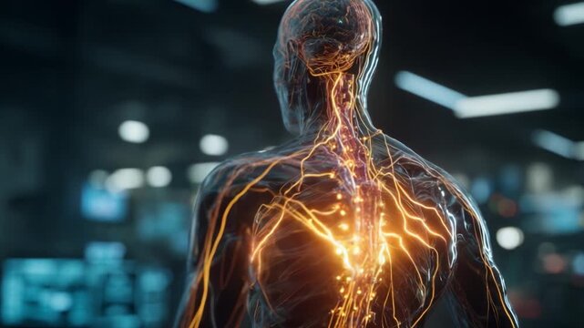 A detailed visualization of the human spinal cord illuminated with glowing neural pathways, representing the intricate networks of the nervous system and the complex functioning of the human body.
