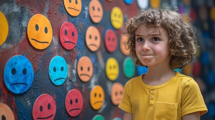 A boy practicing emotional skills with a feelings chart.