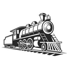 Historical steam train with tender on railroad tracks black and white vector art Keywords: steam engine, train, locomotive, railroad, railway, transportation, vintage, retro, historical, old