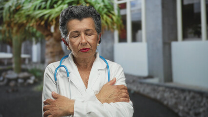 Senior woman doctor with grey hair in a white coat and stethoscope stands thoughtfully on an urban...