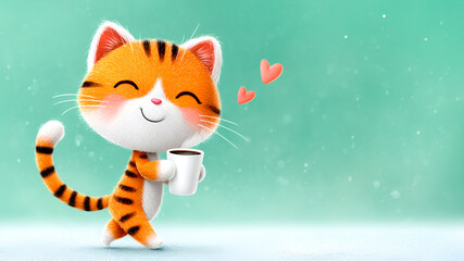 Cute, happy, and funny cat with cup of hot tea. Joyful cartoon kitten with coffee mug and hearts smiling. Illustration with copy space