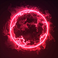 Glowing neon energy sphere, electric red lightning, floating in swirling clouds of smoke