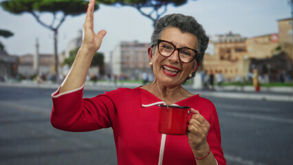 Senior woman with grey hair in red sweater happily holds coffee cup on urban street with city buildings in the background, expressing joy and cheerfulness outdoors.