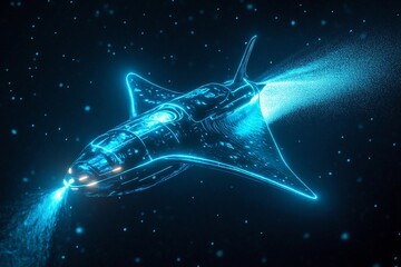 Obraz premium Glowing stingray-shaped submarine purifying the ocean floor while exploring deep marine environments