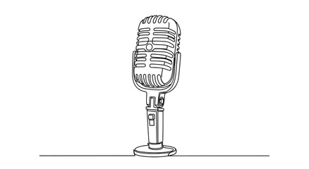 Continuous line drawing of a vintage retro microphone, minimalist one line art illustration.