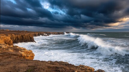 Fototapeta premium Dramatic coastal scene with crashing waves and dark storm clouds over rugged cliffs at sunset