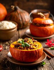 Rice and mushroom stuffing baked inside small pumpkins, garnished with fresh herbs, served on rustic wooden table