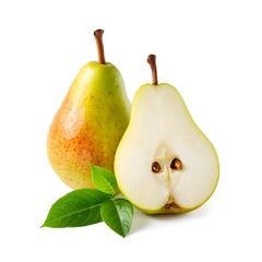 Two Pears One Whole One Halved With Green Leaves On White Keywords: pear, fruit, whole, halved, cut