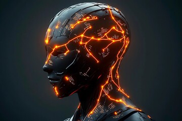 Fototapeta premium Humanoid robot showcases glowing circuits in a futuristic environment