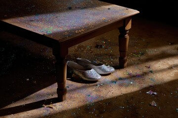 Dusty floor illuminated by soft light reveals forgotten shoes be