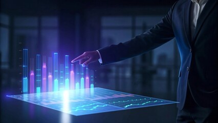 Business professional interacting with holographic data visualization display in modern office environment abstract graphs and insights