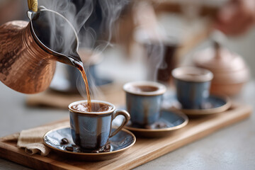 Fototapeta premium Cozy Turkish coffee preparation at home, cezve pot steaming, traditional cups, warm inviting mood, 