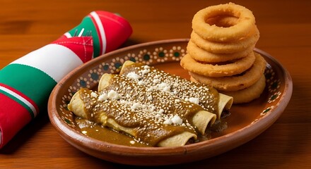 Delicious Mexican Enchiladas with Onion Rings.