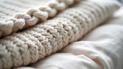 Extreme Close-up Detail of Thick Braided Knitted Wool Blanket Texture