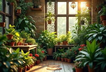 Naklejka premium Lush Indoor Garden Oasis with Vibrant Potted Plants, Lively Greenery, and Natural Decor for Home Environments