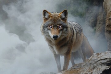 Obraz premium Wolf with radiant eyes reflects the power of the moon in a mystical forest setting under twilight sky