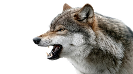 Fototapeta premium Wild Wolf’s Fierce Gaze: A close-up shot of a wild wolf, showcasing its intense expression, a powerful symbol of wilderness and strength, set against a clean backdrop.