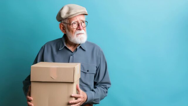 Elderly man with white beard wearing a flat cap holds two cardboard boxes, looking left against a turquoise background, conveying a sense of delivery or parcel transport.