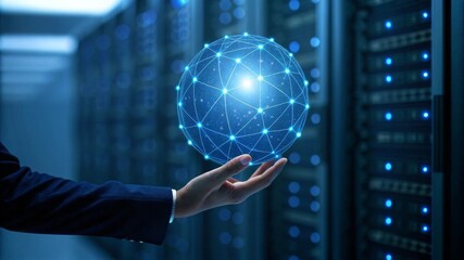 Hand hovering over centered glowing data cluster in abstract network sphere technology environment close-up viewpoint for digital connectivity