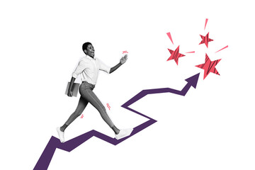 Creative image picture young cheerful woman walk dynamic arrow reach top goal achievement success motivation ambitious self determination