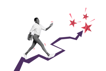 Creative image picture young cheerful woman walk dynamic arrow reach top goal achievement success motivation ambitious self determination