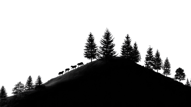 Silhouette of Wolves on the Horizon: A stark black and white silhouette captures a pack of wolves traversing a grassy hill, trees enhance the image in serene wilderness.