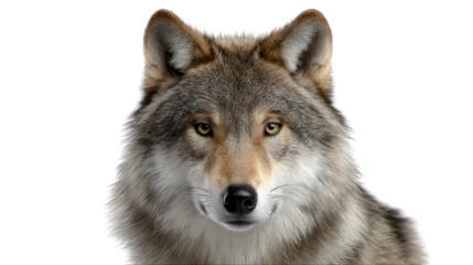 Majestic Gaze: An up-close portrait of a striking wolf showcases piercing eyes, intricate fur details, and raw, untamed beauty, a symbol of wildness.