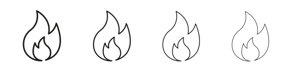 Flame icons designed in outline, line and stroke style