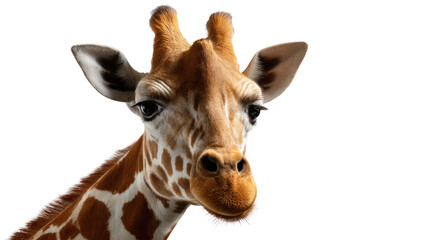 Obraz premium Giraffe Portrait: A captivating portrait of a majestic giraffe, highlighting its distinctive pattern, long neck, and gentle eyes against a clear background.