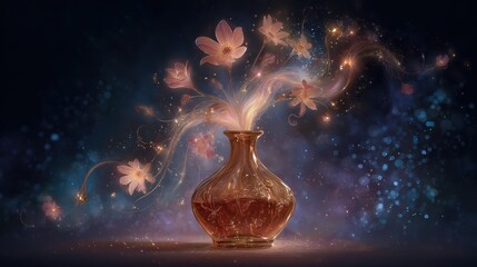 Magical Vase with Flowers and Light, Fantasy Still Life.