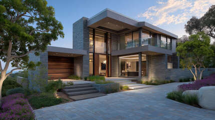 Fototapeta premium Modern architectural design with large windows, stone facade, and landscaped garden creates serene atmosphere
