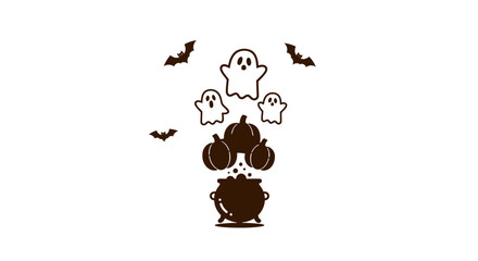 A whimsical illustration featuring a cauldron, pumpkins, ghosts, and bats, celebrating Halloween.