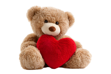 Adorable teddy bear hugging a plush red heart Valentines Day or love concept with cute brown bear holding symbol of affection expressing friendship and romantic feelings of care