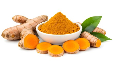 Fresh Turmeric Roots and Ground Powder Isolated on White Background