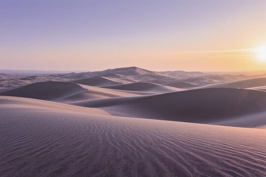 A beautifully tranquil desert scene captured at sunrise, showcasing the soft sand dunes bathed in warm hues