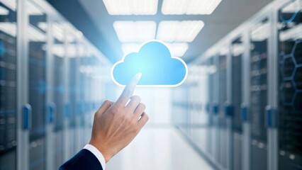 Hand reaching towards digital cloud icon in data flow concept of cloud computing for secure storage in a modern data center environment