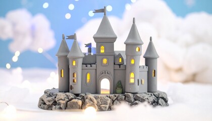 Miniature gray castle with illuminated windows sits atop a rocky base surrounded by fluffy white clouds and twinkling lights.