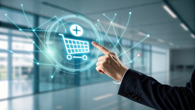 Hand interacting with holographic shopping cart icon in digital retail environment closeup viewpoint of modern e-commerce technology