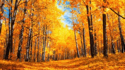 Obraz premium Vibrant autumn forest path lined with golden trees under a bright blue sky, inviting exploration and tranquility
