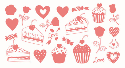 A collection of hand-drawn style Valentine's Day themed icons and elements including hearts, roses, cupcakes, cake slices, candies and the word "Love".