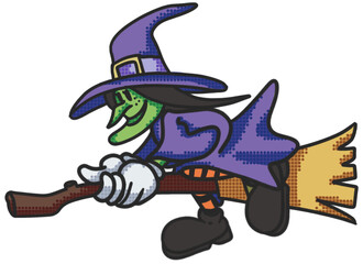 Whimsical witch flies on broomstick for Halloween fun