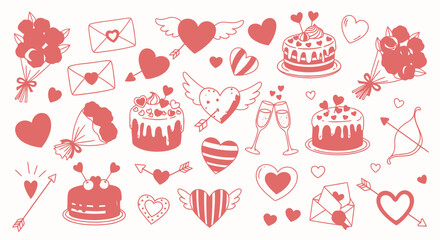Valentine's Day themed doodle illustration featuring hearts, flowers, cakes, letters, arrows, and champagne glasses in a simple red and white color scheme.