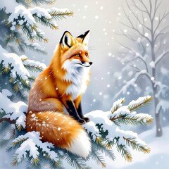 Fototapeta premium Ein Fuchs sitzt in einer verschneiten Winterlandschaft
