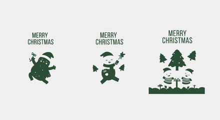Three Christmas-themed graphic illustrations featuring Santa Claus, a snowman, and children with Christmas trees, all in a simple, flat design.